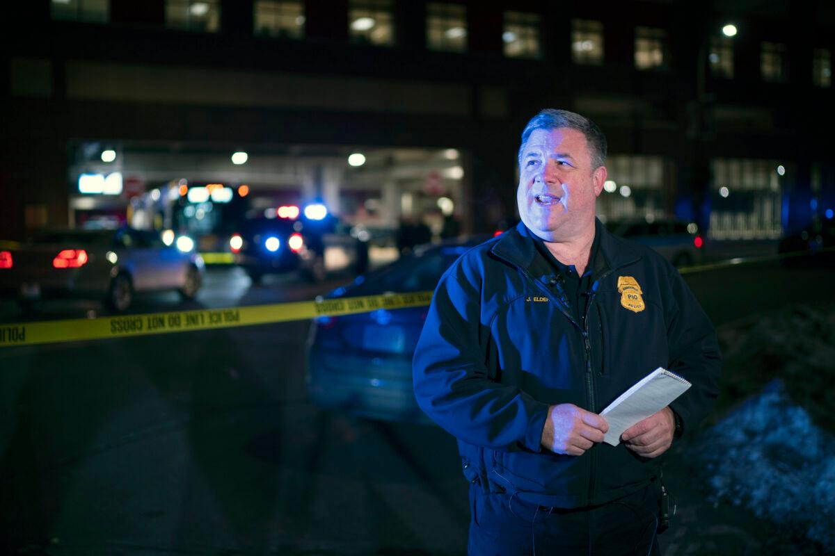 Minneapolis Police Public Information Officer John Elder briefs reporters on a shooting in Minneapolis on Feb. 6, 2020. (Jeff Wheeler/Star Tribune via AP)