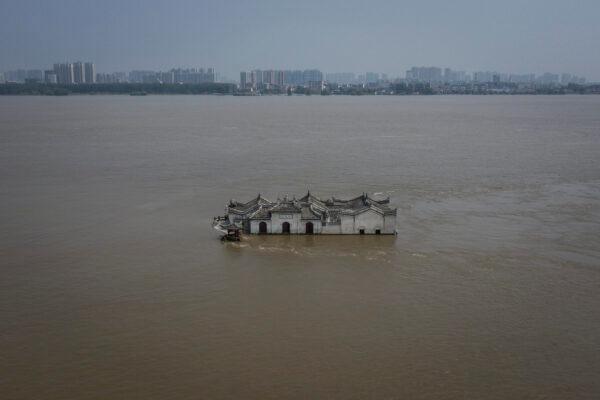 An aerial view of the Guanyinge Temple in the middle of the flooded Yangtze River in Ezhou, central China’s Hubei province on July 24, 2020. (Getty Images)