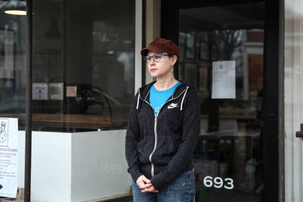 Christie Bruffy, owner of Highline Coffee Co., stands outside her shop in the City of Worthington in Columbus, Ohio, on March 18, 2020. (Charlotte Cuthbertson/The Epoch Times)