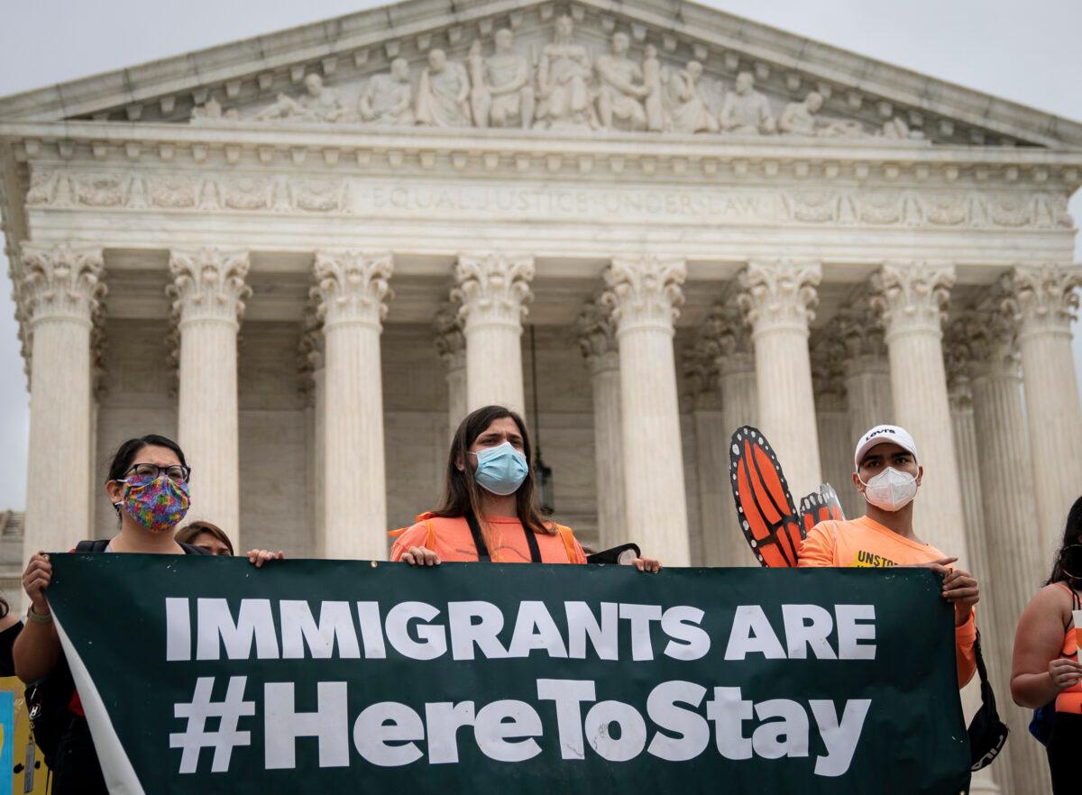 DACA recipients and their supporters rally outside the Supreme Court in Washington on June 18, 2020. (Drew Angerer/Getty Images)