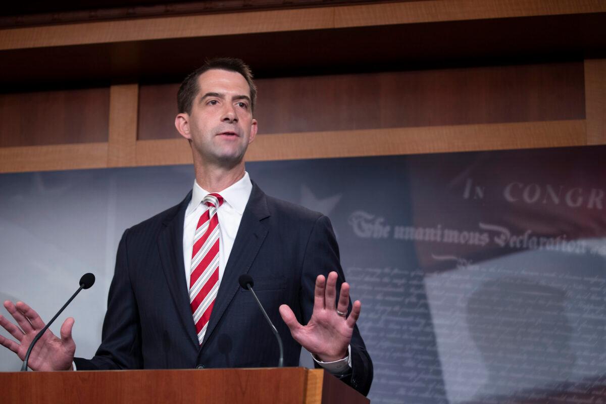 Sen. Tom Cotton (R-Ark.) attends a press conference in Washington on July 1, 2020. (Tasos Katopodis/Getty Images)