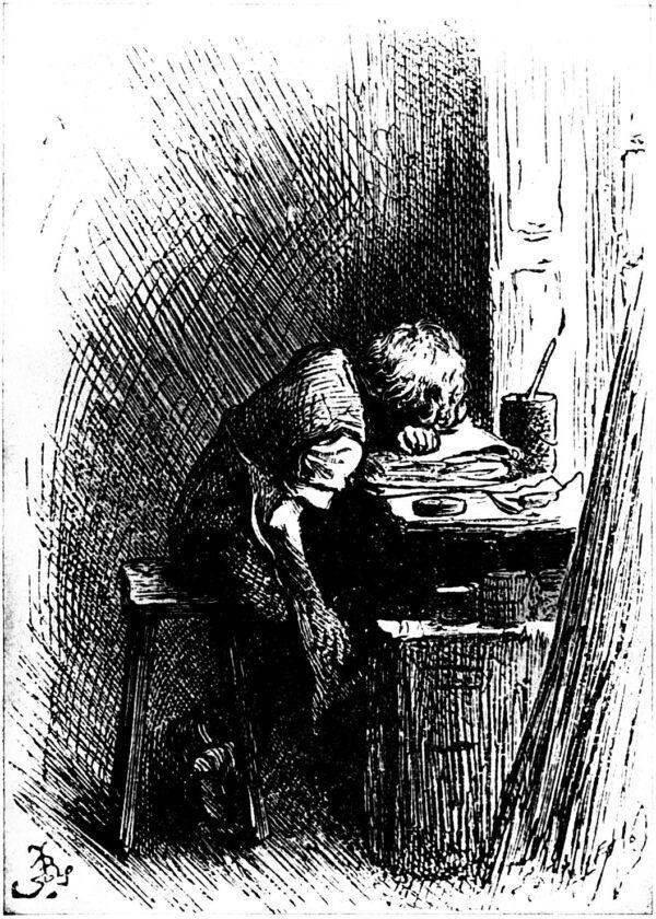 Illustration by Fred Barnard of young Charles Dickens at work in a shoe-blacking factory after his father had been sent to a workhouse. In the 1892 edition of Forster's “Life of Dickens.” (Public Domain)