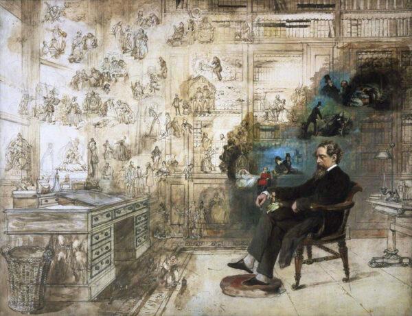 “Dickens's Dream” by Robert William Buss, portraying Dickens at his desk surrounded by many of his characters. (Public Domain)
