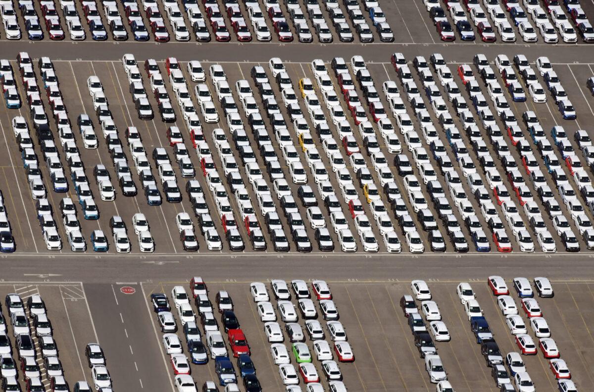 Cars intended for export wait at the port for loading in Bremerhaven, Germany, on April 24, 2020. (Fabian Bimmer/Reuters)