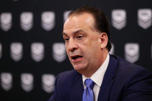 Peter V’landys, CEO of Racing NSW and Chairman of the NRL speaks to the media during an NRL press conference in Sydney on March 23, 2020. (Matt King/Getty Images)