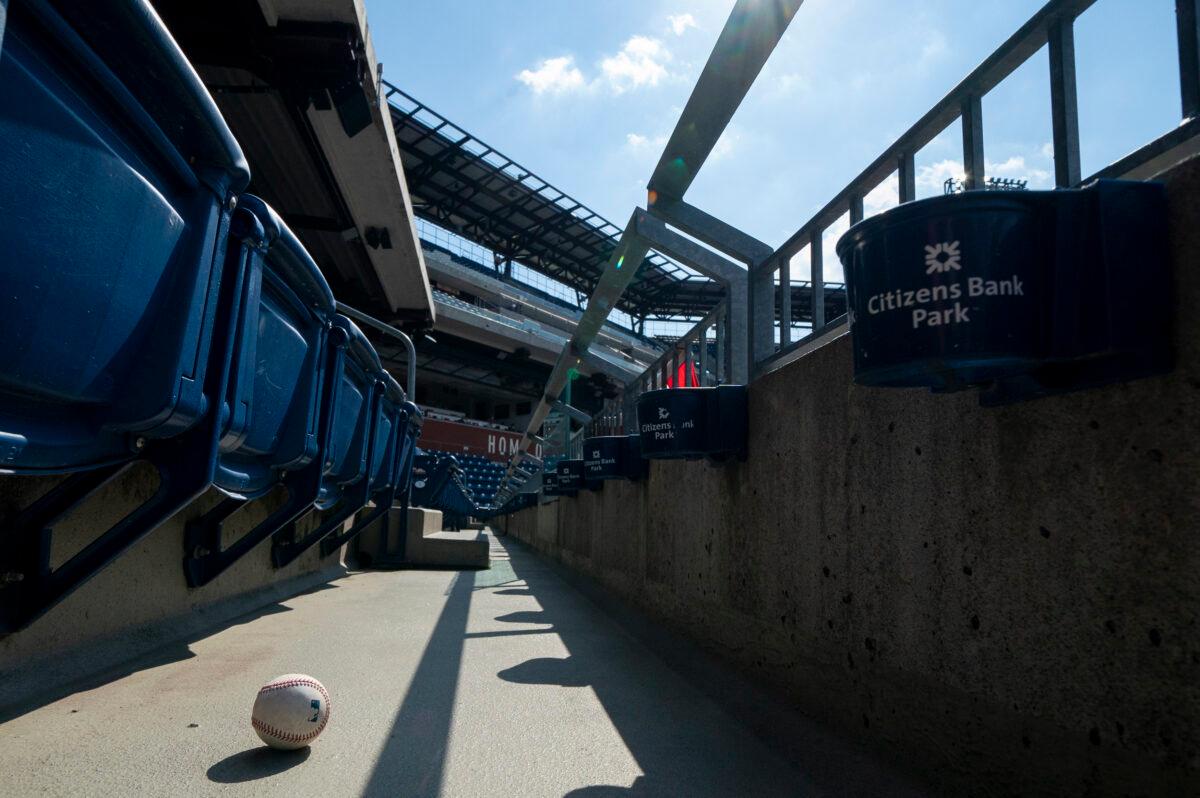 A foul ball that was hit into the stands sits on the floor of an empty stadium during the eighth inning of a baseball game between the Miami Marlins and the Philadelphia Phillies, in Philadelphia, Pa., on July 26, 2020. (Chris Szagola/AP Photo)