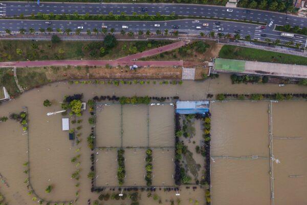 A sports ground along the Yangtze River was inundated in Wuhan in China's central Hubei Province on July 28, 2020. (STR/AFP via Getty Images)