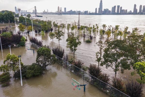 A sports ground along the Yangtze River was inundated in Wuhan in China's central Hubei Province, on July 28, 2020. (STR/AFP via Getty Images)