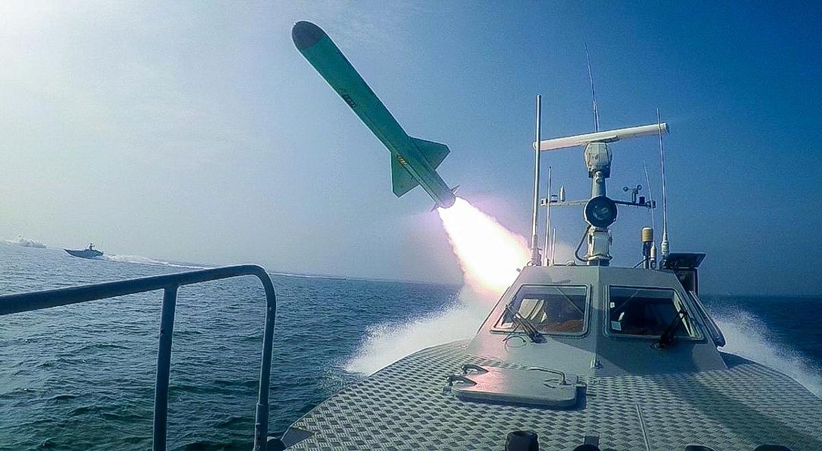 A Revolutionary Guard speedboat fires a missile during a military exercise on July 28, 2020. (Sepahnews via AP)