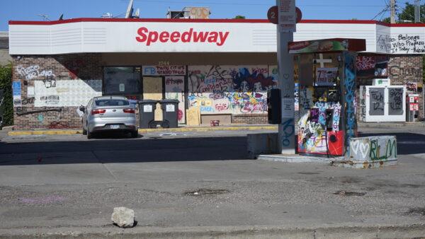 Speedway across from the George Floyd memorial remains closed after it was looted during a riot following the death of George Floyd in Minneapolis, Minn., on July 27, 2020. (Meiling Lee/The Epoch Times)
