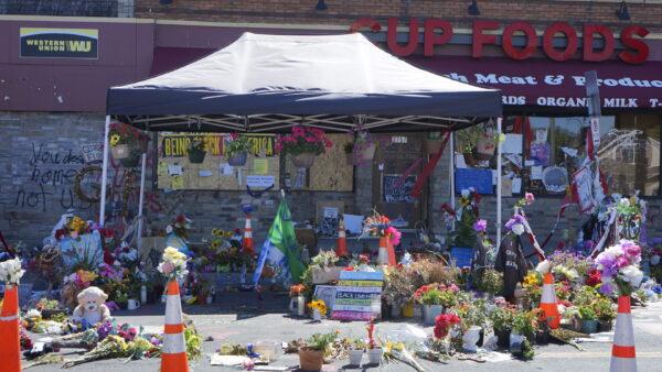 The George Floyd memorial in front of Cup Foods where he died in police custody in Minneapolis, Minn., on July 27, 2020. (Meiling Lee/The Epoch Times)
