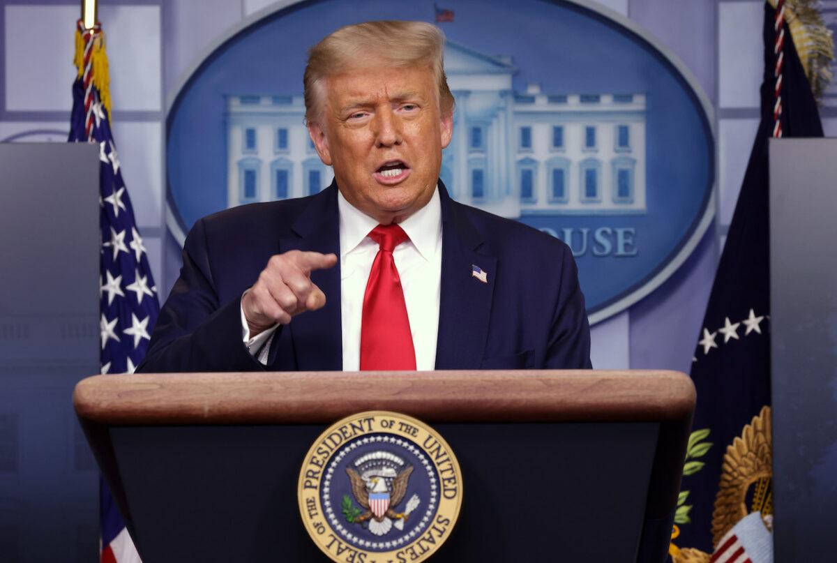 President Donald Trump speaks during a news briefing at the White House in Washington, on July 28, 2020. (Alex Wong/Getty Images)
