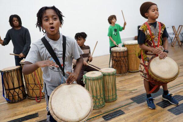 Ayinde, 10, who is homeschooled by his mother, takes part in an African drumming class as an extracurricular activity in Mount Rainier, Md., on Feb. 24, 2017. (MANDEL NGAN/AFP via Getty Images)