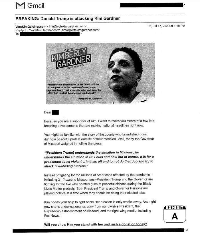 An email said to have been sent to supporters of Circuit Attorney Kim Gardner just before she filed charges against Mark and Patricia McCloskey. (Court Filing)