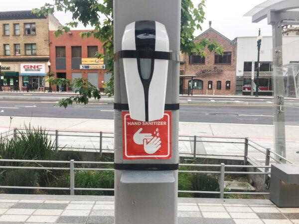 A hand sanitizer station for public use. (Ilene Eng/The Epoch Times)