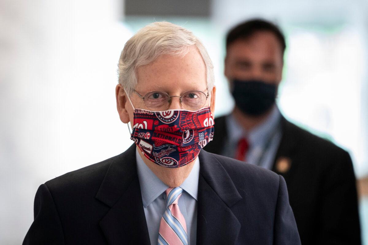 Senate Majority Leader Mitch McConnell (R-Ky.) arrives at a Senate Republican policy meeting in Washington, on July 28, 2020. (Drew Angerer/Getty Images)