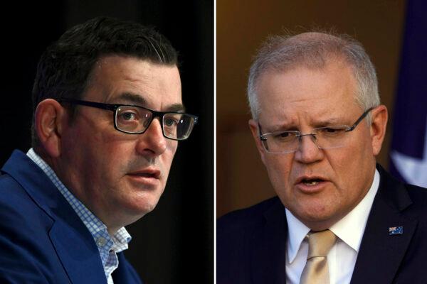 Victorian Premier Daniel Andrews (L) and Prime Minister Scott Morrison (R) addressing press briefings, in Melbourne and Canberra, Australia, 2020 (Quinn Rooney/Getty Images and Sean Davey/Getty Images)