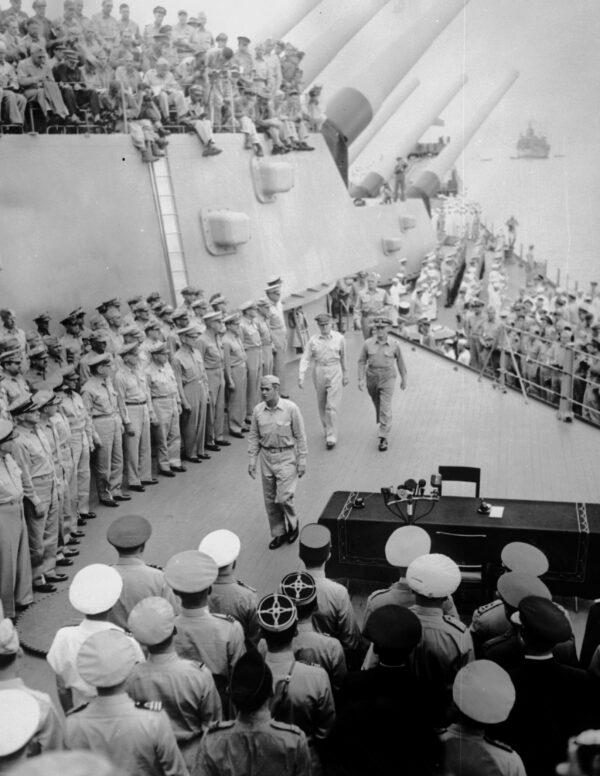 Peace at last: On Sept. 2, 1945, the American Army and Navy aboard the USS Missouri for the surrender ceremonies to mark the end of the war with Japan. (Three Lions/Getty Images)