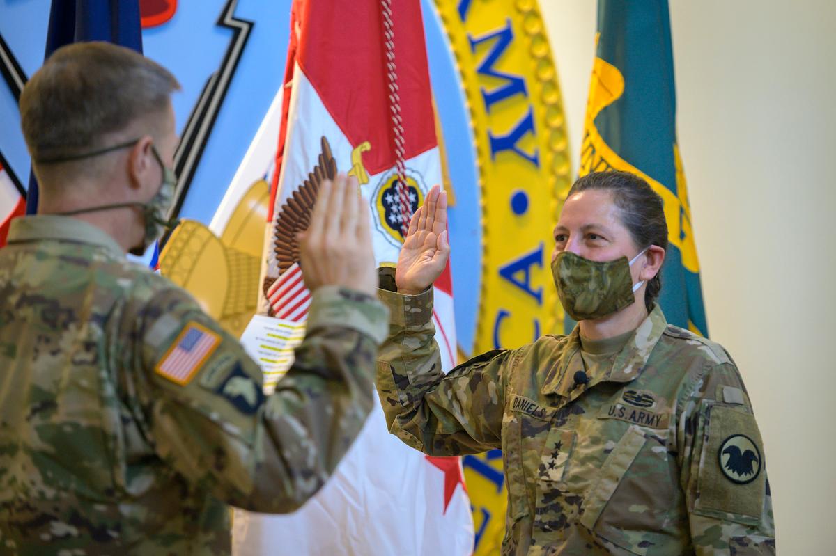 Lt. Gen. Jody Daniels attends her promotion ceremony on Tuesday. (<a href="https://www.dvidshub.net/image/6289409/us-army-reserve-receives-new-commanding-general-chief-army-reserve">Staff Sgt. Edgar Valdez</a>/U.S. Army Reserve)