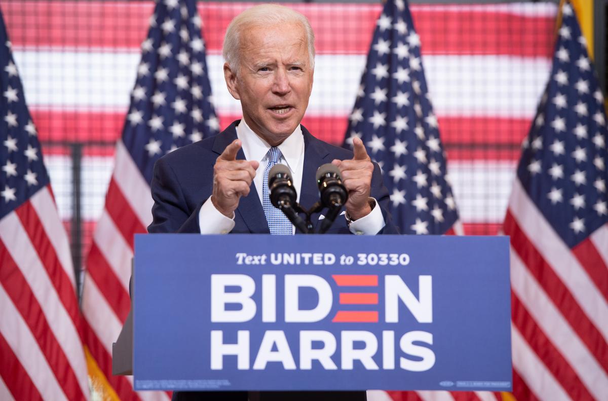 Democratic presidential nominee former Vice President Joe Biden speaks during a campaign event at Mill 19 in Pittsburgh, Penn., on Aug. 31, 2020. (Saul Loeb/AFP via Getty Images)