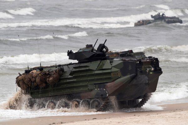 A U.S. Marine Amphibious Assault Vehicle (AAV) takes part in a landing operation during a military Exercise Baltops 2018, at the Baltic Sea near Vilnius, Lithuania, on June 4, 2018. (Mindaugas Kulbis/ File/AP Photo)