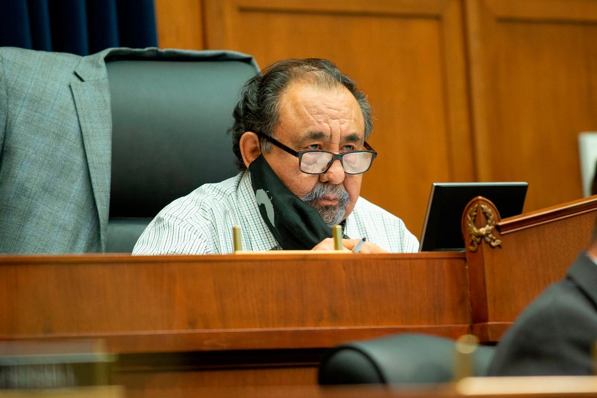 Committee Chairman Rep. Raul Grijalva, D-Ariz., speaks on Capitol Hill in Washington, during the House Natural Resources Committee hearing on the police response in Lafayette Square, on June 29, 2020. (Bonnie Cash/Pool via AP)