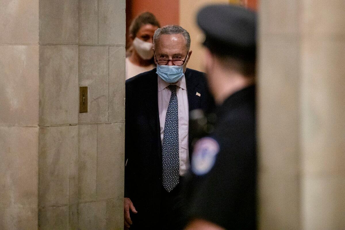 Senate Minority Leader Chuck Schumer (D-N.Y.) leaves House Speaker Nancy Pelosi's office after a meeting with Pelosi, Treasury Secretary Steven Mnuchin, and White House Chief of Staff Mark Meadows on Capitol Hill in Washington on July 30, 2020. (Samuel Corum/Getty Images)
