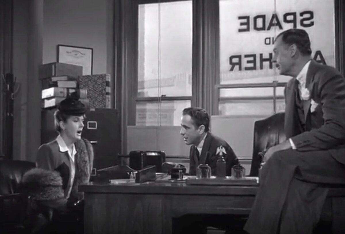(L–R) Mary Astor, Humphrey Bogart, and Jerome Cowan in the 1941 movie “The Maltese Falcon.” (Warner Bros)