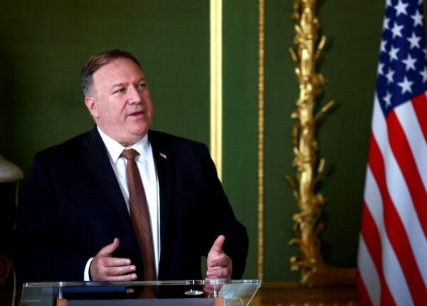 U.S. Secretary of State Mike Pompeo speaks during a joint press conference with Britain's Foreign Secretary Dominic Raab at Lancaster House in London on July 21, 2020. (Hannah McKay-WPA Pool/Getty Images)