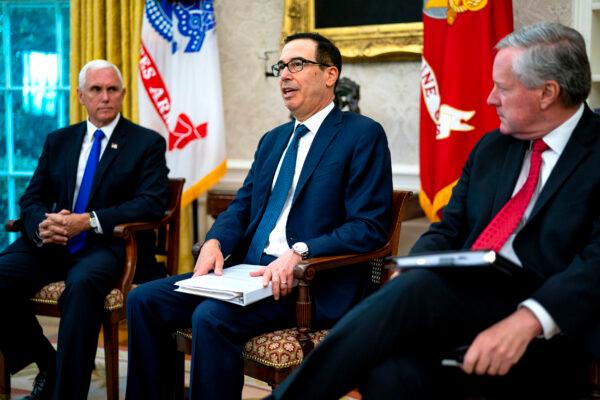 Vice President Mike Pence, Treasury Secretary Steven Mnuchin, and White House Chief of Staff Mark Meadows join President Donald Trump and Republican congressional leaders for a meeting in the Oval Office at the White House on July 20, 2020. (Doug Mills-Pool/Getty Images)