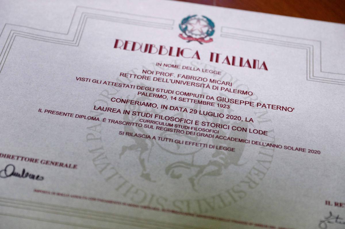 The graduation certificate of Giuseppe Paterno is pictured at the University of Palermo, in Palermo, Italy, July 29, 2020. (Guglielmo Mangiapane/REUTERS)