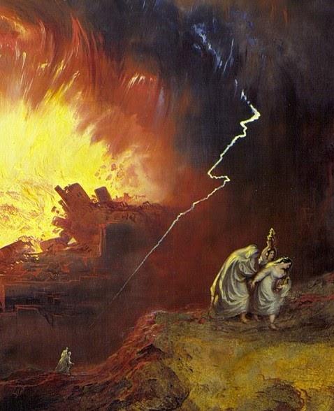 Lot's wife turns to look back at the evil and perishes. Detail of “The Destruction of Sodom and Gomorrah,” 1852, by John Martin. (Public Domain)