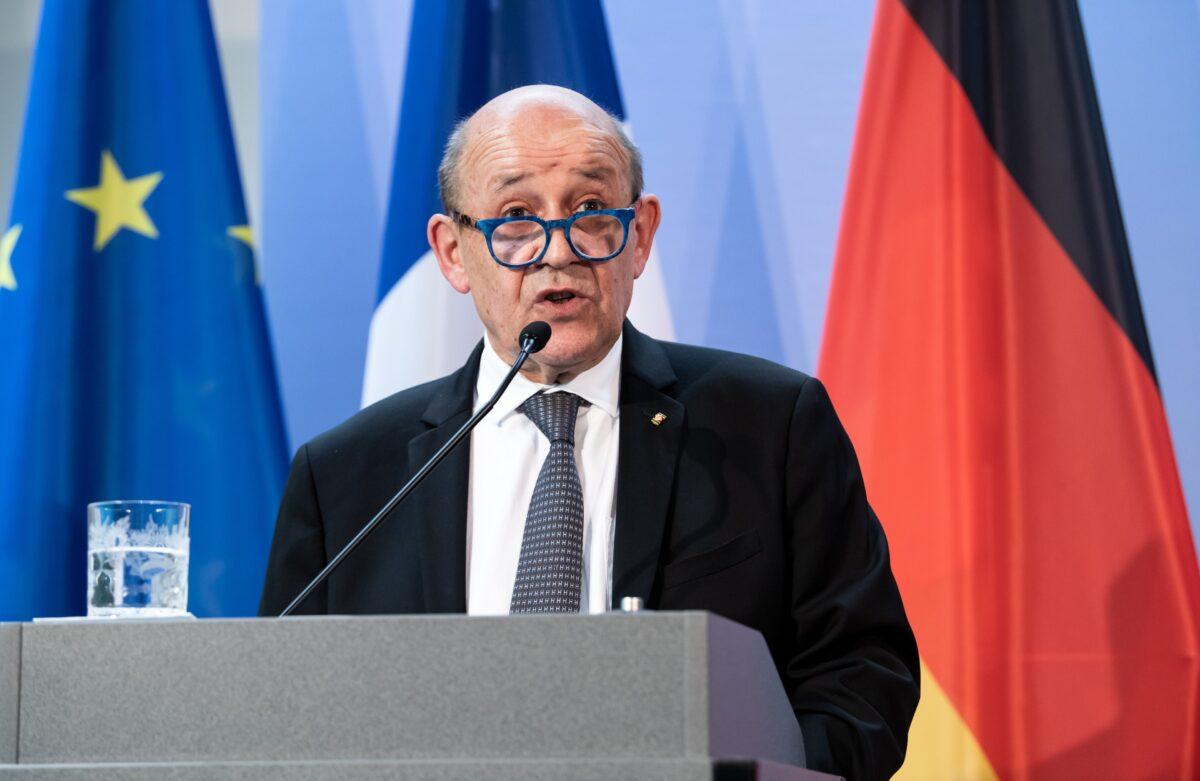 French Foreign Minister Jean-Yves Le Drian speaks to the media after meeting Germany Foreign Minister Heiko Maas in Berlin, Germany, on June 19, 2020. (Bernd von Jutrczenka/Getty Images)