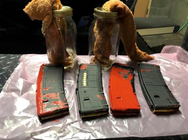 Loaded rifle magazines and Molotov cocktails found at a park in Portland, Ore., on July 26, 2020. (Portland Police Department via AP)