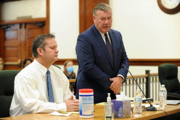 Defense attorney John Prior (R) addresses Magistrate Judge Faren Eddins as to why he and Chad Daybell (L) are not wearing masks in court during a preliminary hearing in St. Anthony, Idaho, on Aug. 3, 2020. (John Roark/The Idaho Post-Register via AP, Pool)