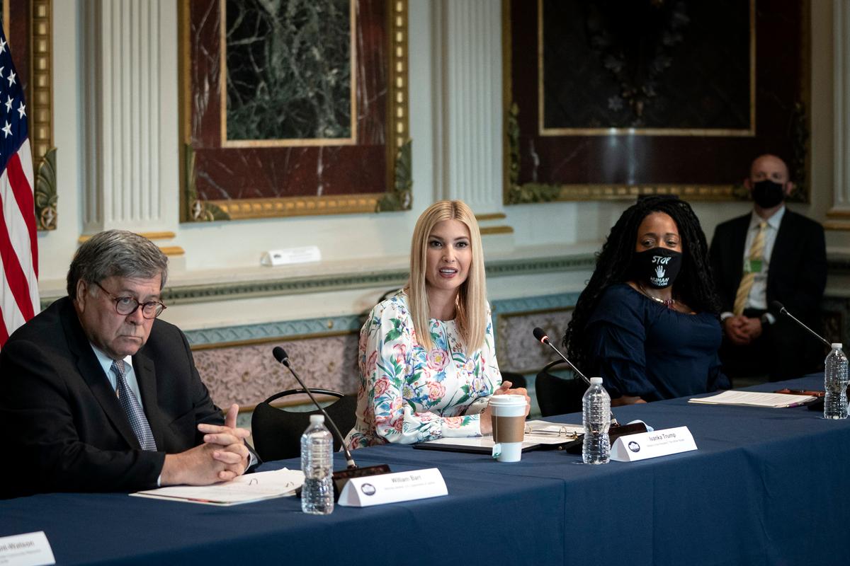 Adviser and daughter of the president, Ivanka Trump (C), speaks during an event to highlight the Department of Justice grants to combat human trafficking, in the Indian Treaty Room of the Eisenhower Executive Office Building in Washington on Aug. 4, 2020. (Drew Angerer/Getty Images)