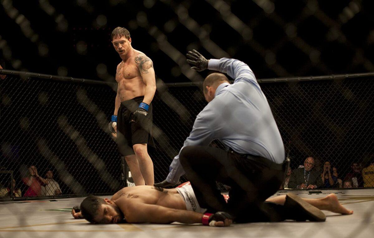 (L–R) Daniel Stevens, Tom Hardy, and Anthony Tambakis in "Warrior." (Chuck Zlotnick/Lionsgate)