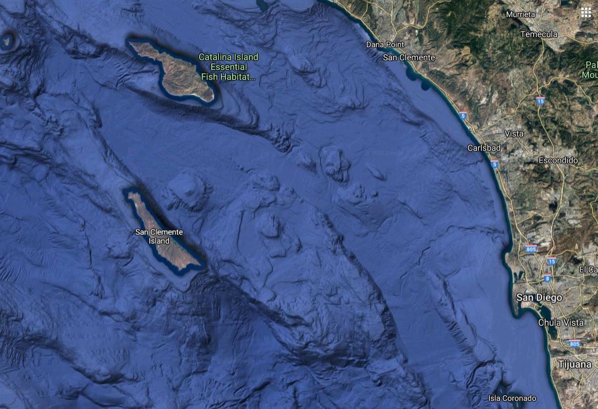 The Pacific coast of Southern California and San Clemente Island, near where the eight servicemen went missing and one was killed  (Screenshot/<a href="https://www.google.com/maps/@32.9531806,-118.4770885,172214m/data=!3m1!1e3">Google Maps</a>)