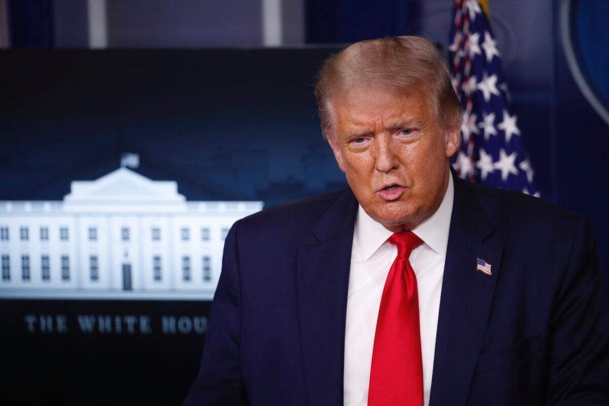 President Donald Trump speaks during a briefing with reporters at the White House in Washington on Aug. 3, 2020. (Alex Brandon/AP Photo)