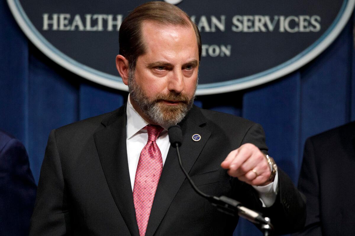 Health and Human Services Secretary Alex Azar, who is also chairman of the President's Task Force on the Novel Coronavirus, speaks at the Health and Human Services headquarters in Washington on Feb. 7, 2020. (Jacquelyn Martin/ File/AP Photo)