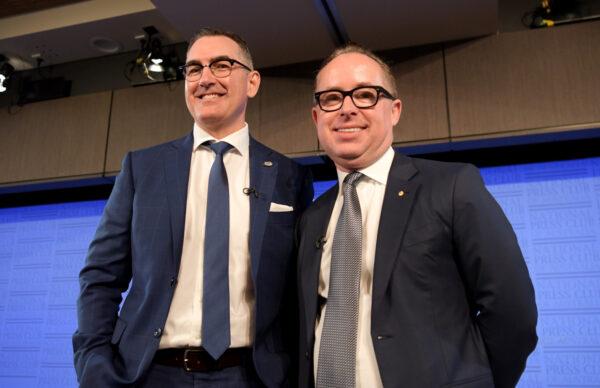 Qantas CEO Alan Joyce (R) And Virgin Australia CEO Paul Scurrah arrive at National Press Club in Canberra, Australia on Sept. 18, 2019. (Tracey Nearmy/Getty Images)