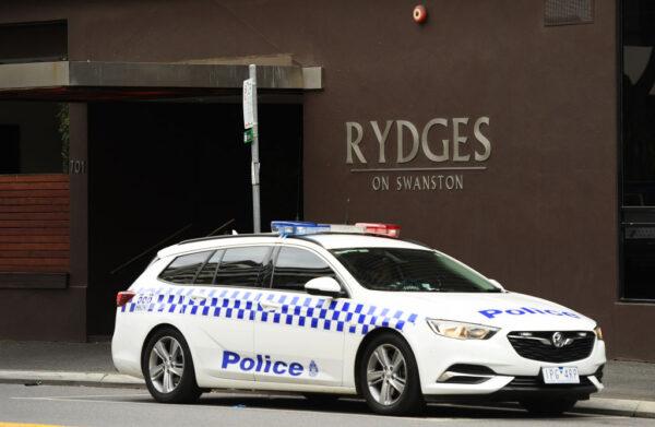 A police car sits outside the Rydges on Swanston hotel in Melbourne, Australia, on July 14, 2020. (Quinn Rooney/Getty Images)