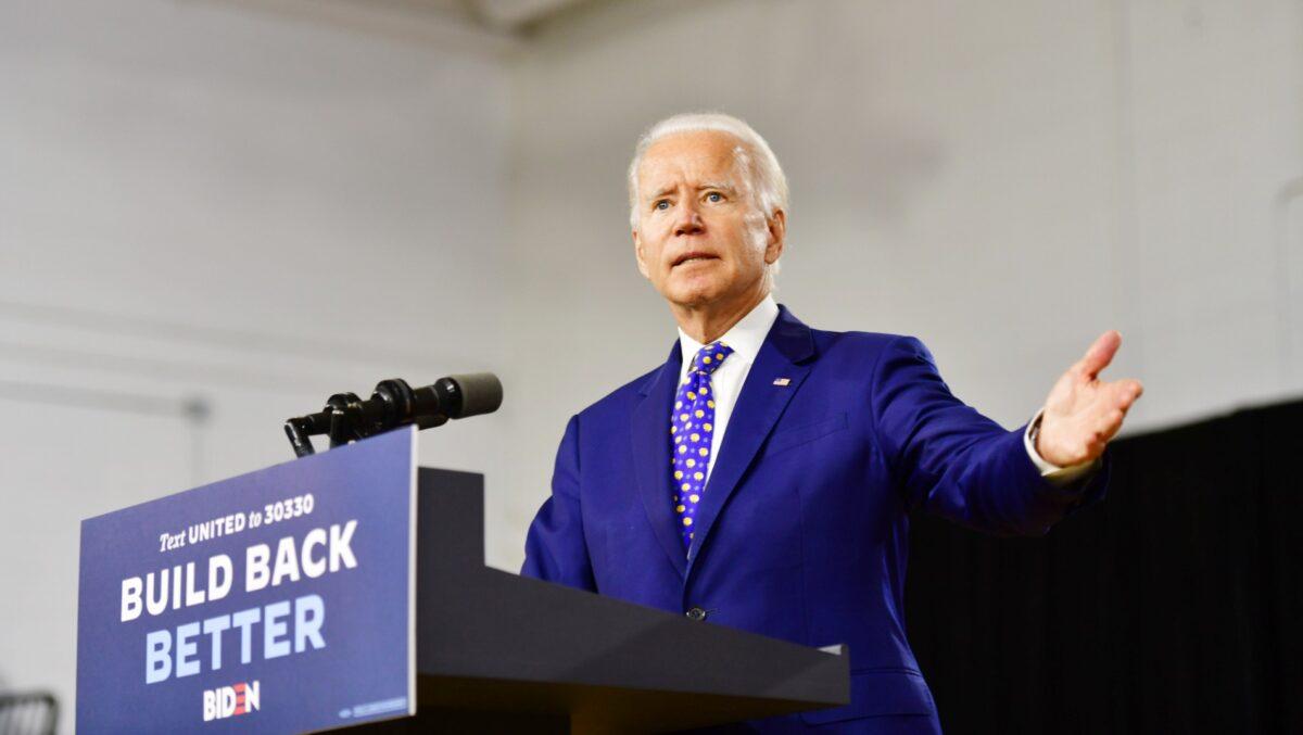 Presumptive Democratic presidential nominee former Vice President Joe Biden delivers a speech at the William Hicks Anderson Community Center, in Wilmington, Del., on July 28, 2020. (Mark Makela/Getty Images)