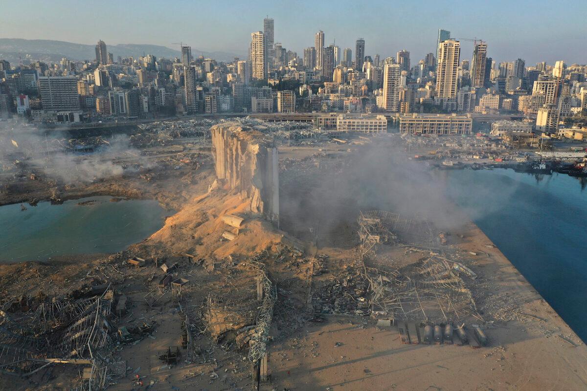 A drone picture shows the scene of an explosion at the seaport of Beirut, Lebanon, on Aug. 5, 2020. (Hussein Malla/AP Photo)