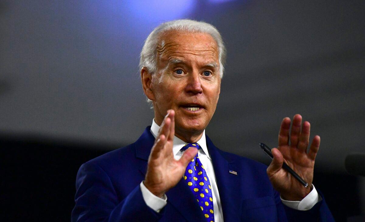 Presumptive Democratic presidential nominee former Vice President Joe Biden delivers a speech in Wilmington, Del., on July 28, 2020. (Mark Makela/Getty Images)