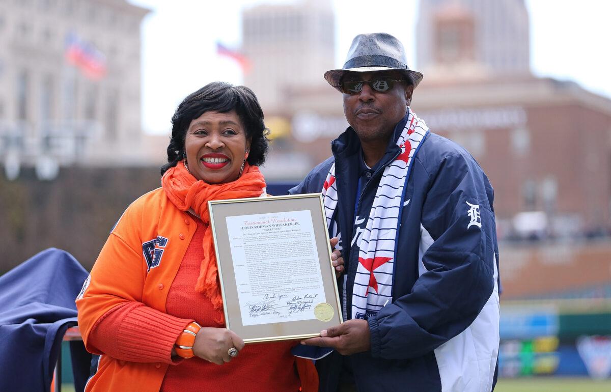 Brenda Jones of the Detroit City Council, left, presents an award to former Detroit Tiger Lou Whittaker in a 2015 file photograph. (Leon Halip/Getty Images)