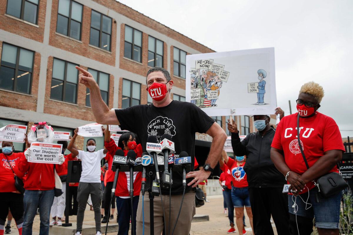 Chicago Teachers Union President Jesse Sharkey speaks prior to a protest over the city's school reopening plan on Aug. 3, 2020. (Kamil Krzaczynski/AFP via Getty Images)