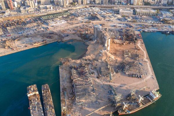 An aerial view of ruined structures at the port, damaged by an explosion a day earlier, on Aug. 5, 2020 in Beirut, Lebanon. (Haytham Al Achkar/Getty Images)