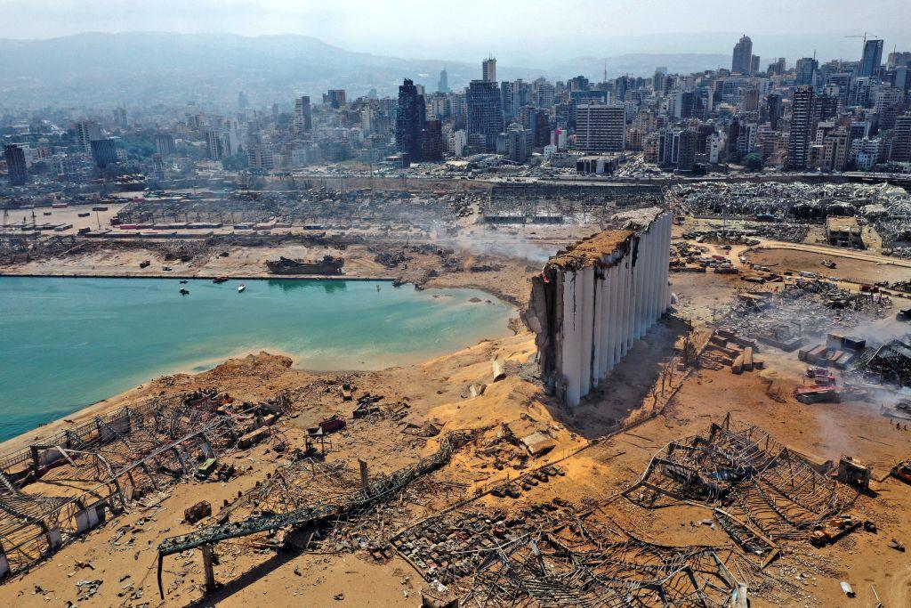 An aerial view shows the massive damage done to Beirut port's grain silos (C) and the area around it on August 5, 2020, (AFP via Getty Images)