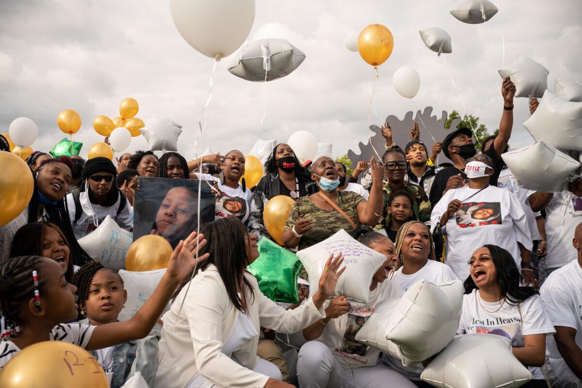 Family members release balloons during a memorial and rally for peace in memory of Lorenzo Anderson, who was shot dead in the so-called CHOP area, in Seattle, Wash., on July 2, 2020. (David Ryder/Getty Images)